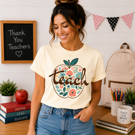 Teacher Floral Apple T-Shirt