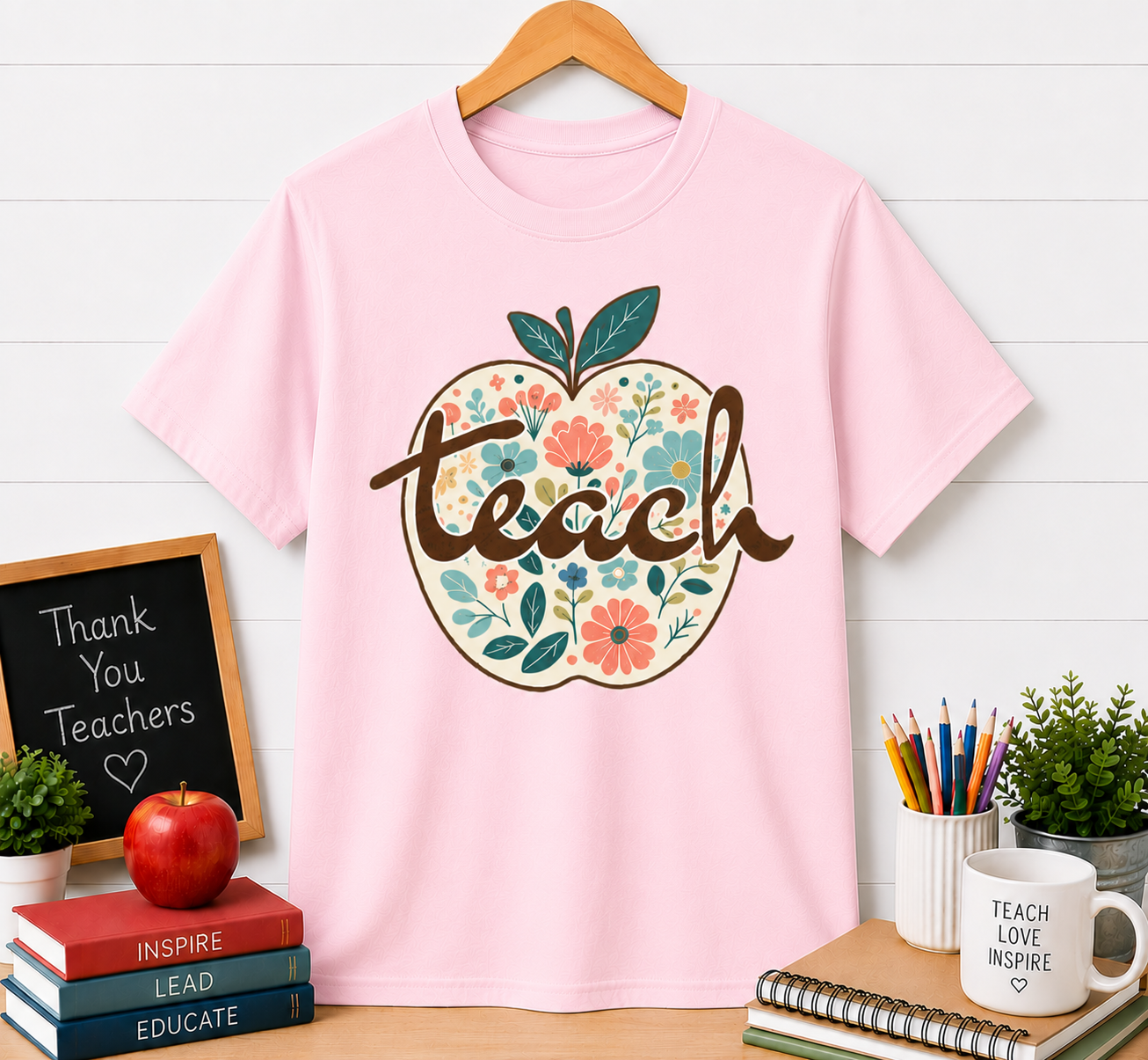 Teacher Floral Apple T-Shirt