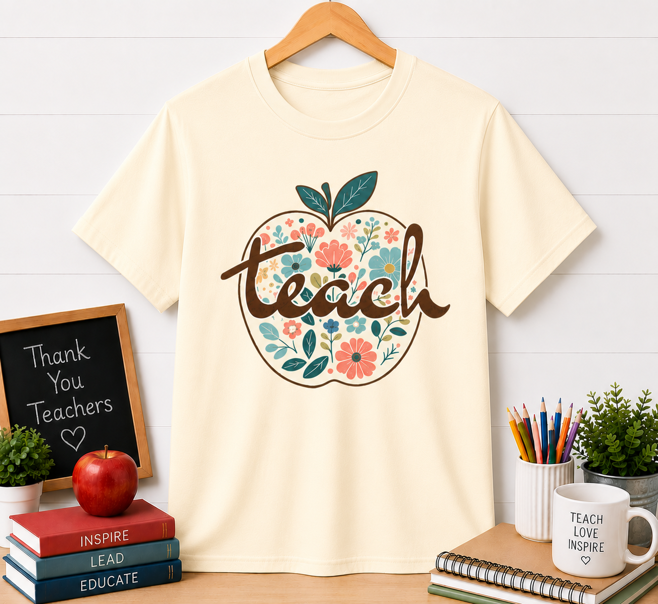 Teacher Floral Apple T-Shirt