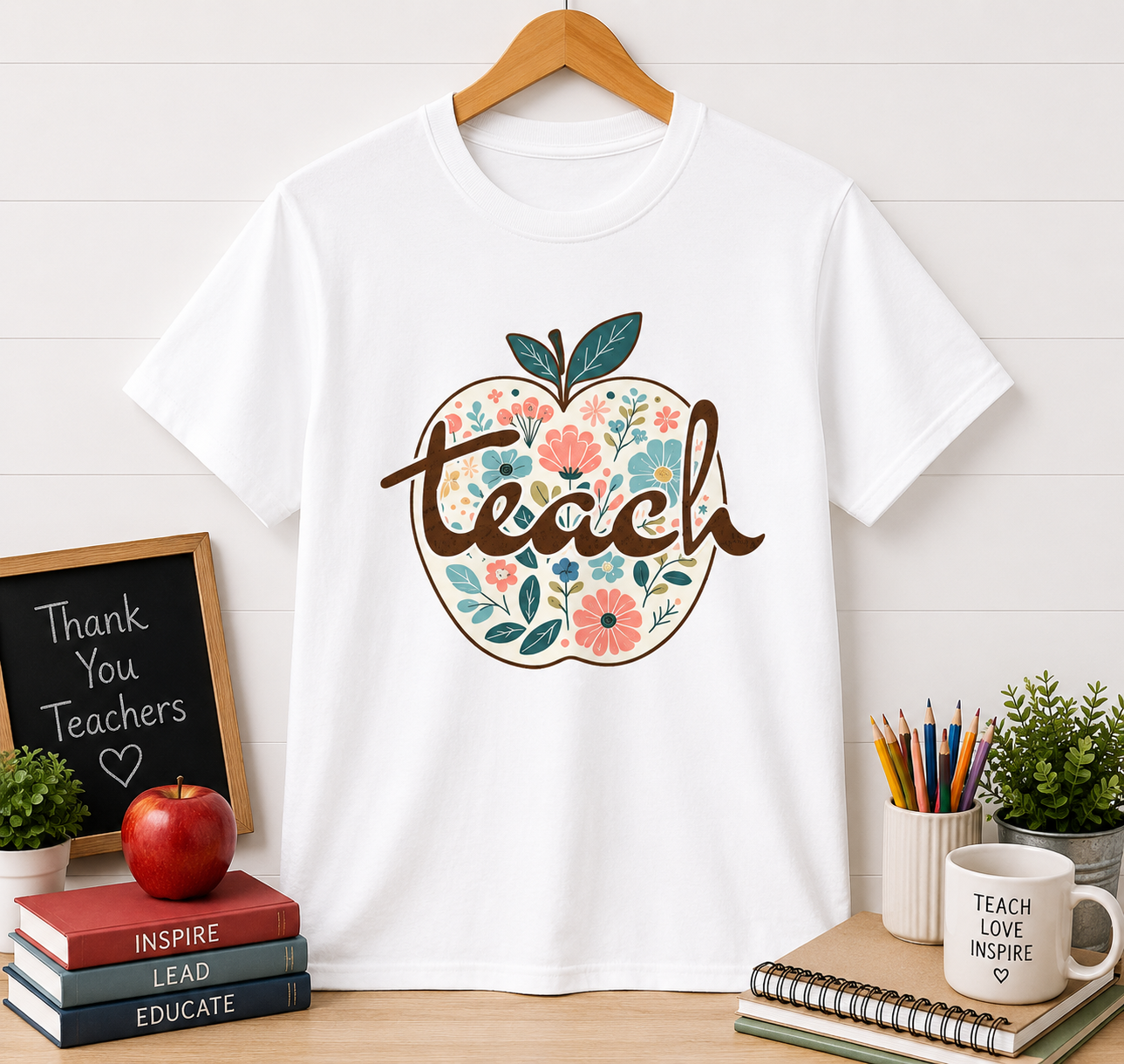 Teacher Floral Apple T-Shirt