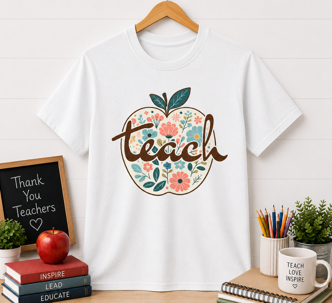 Teacher Floral Apple T-Shirt