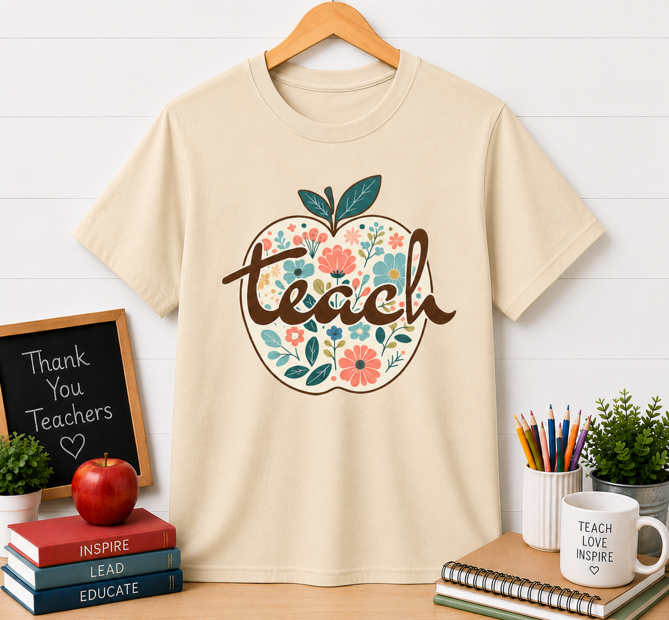 Teacher Floral Apple T-Shirt