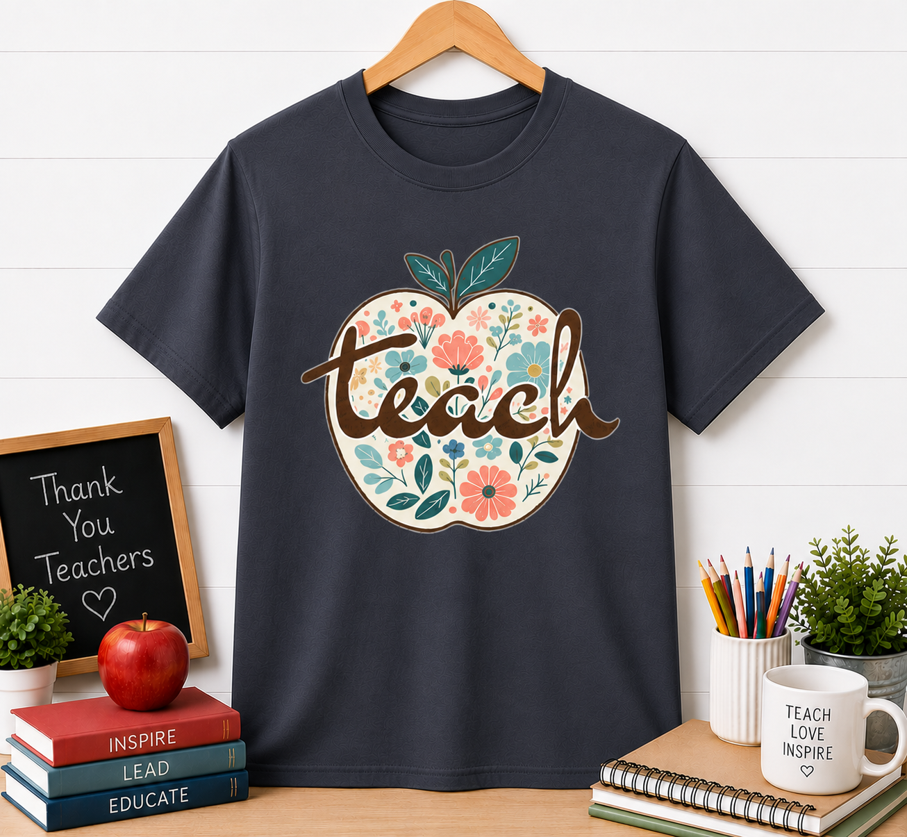 Teacher Floral Apple T-Shirt