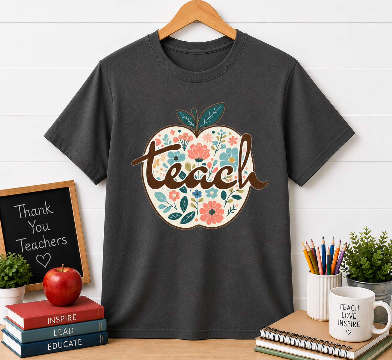 Teacher Floral Apple T-Shirt