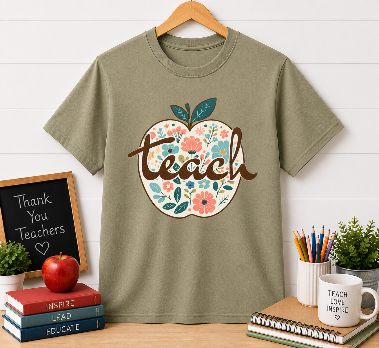 Teacher Floral Apple T-Shirt