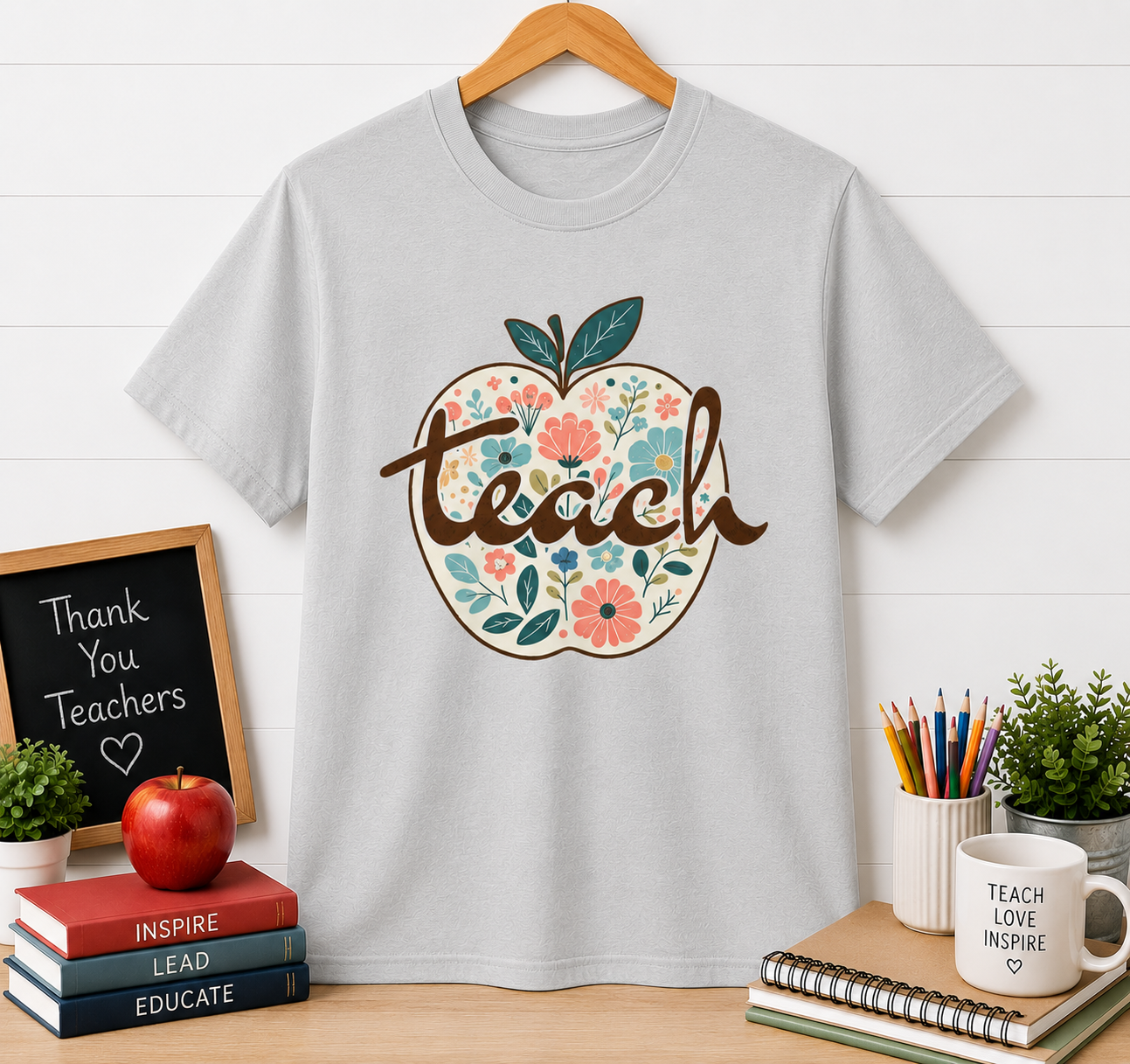 Teacher Floral Apple T-Shirt