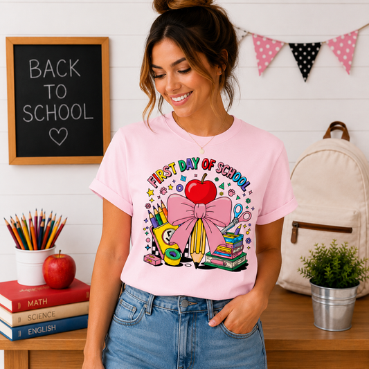 First Day of School T-Shirt — Cute Back-to-School Apple, Books & Pencil Design