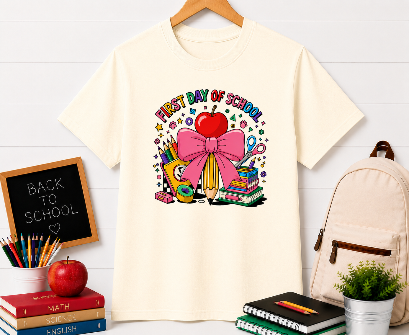 First Day of School T-Shirt — Cute Back-to-School Apple, Books & Pencil Design