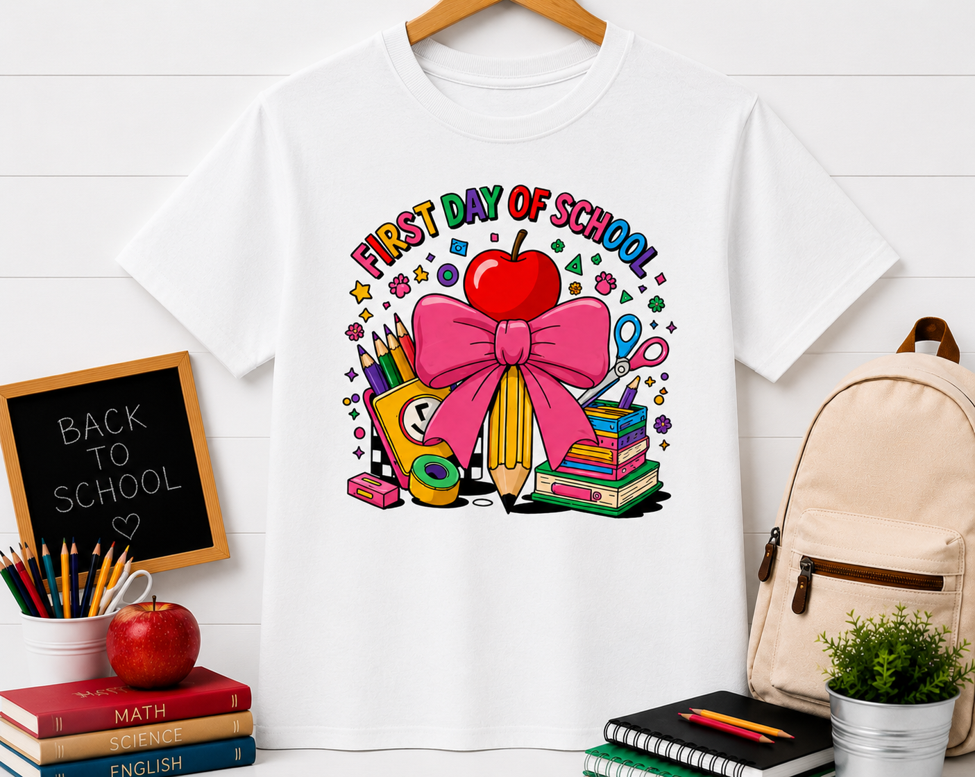 First Day of School T-Shirt — Cute Back-to-School Apple, Books & Pencil Design