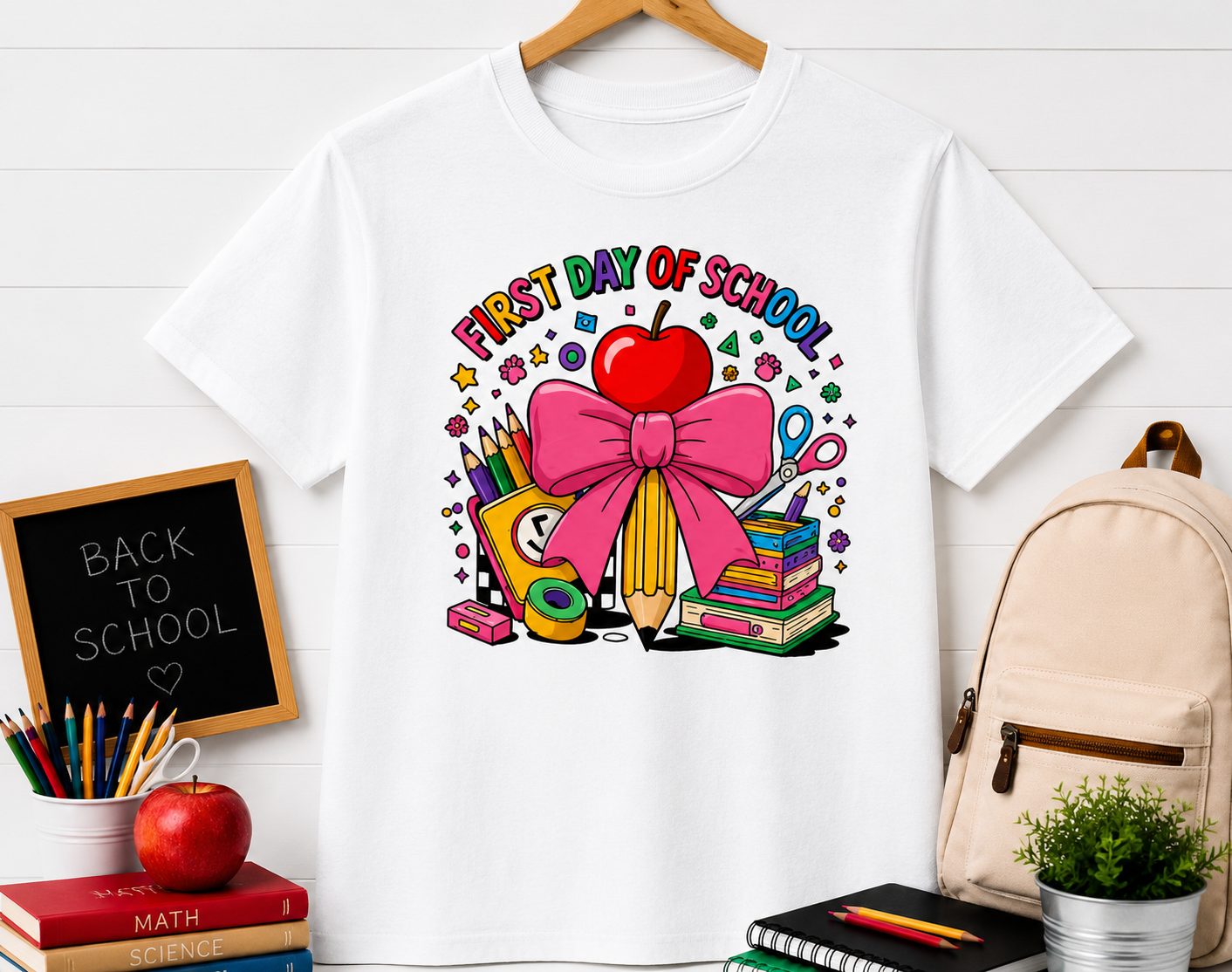 First Day of School T-Shirt — Cute Back-to-School Apple, Books & Pencil Design