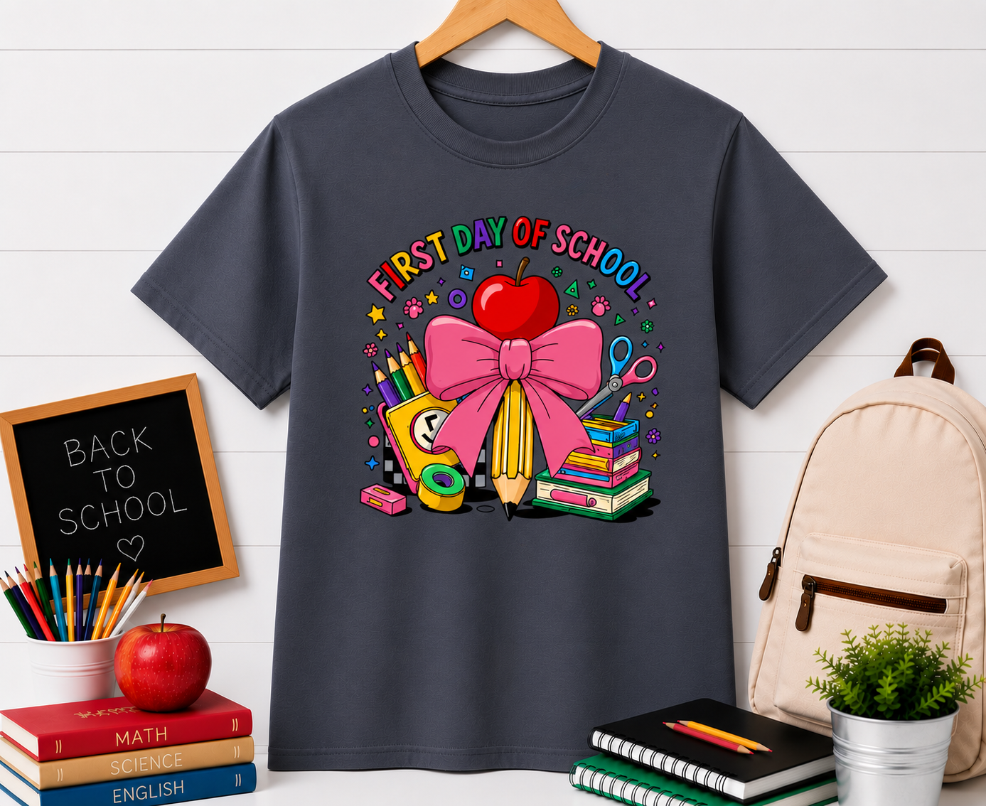 First Day of School T-Shirt — Cute Back-to-School Apple, Books & Pencil Design