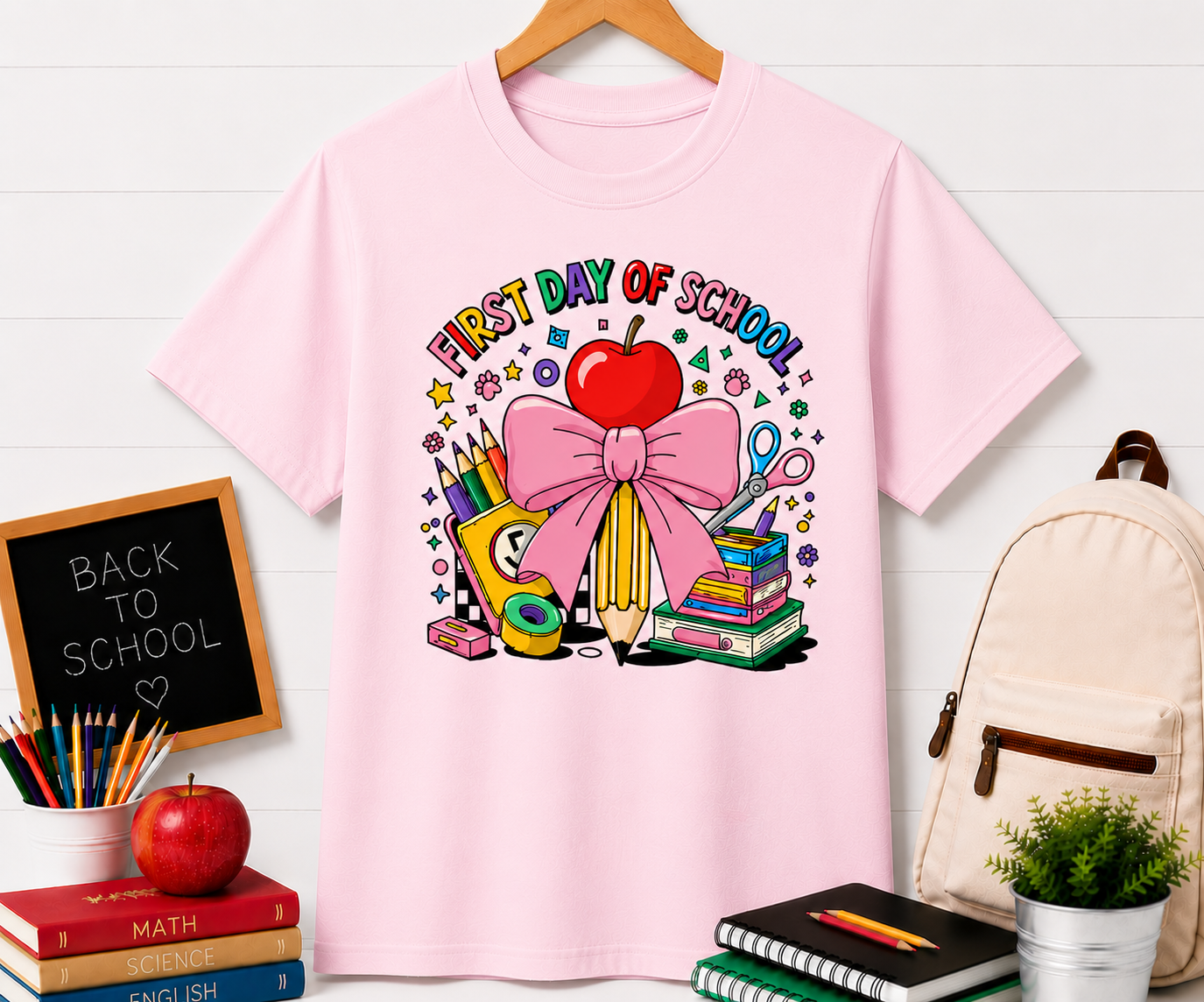 First Day of School T-Shirt — Cute Back-to-School Apple, Books & Pencil Design
