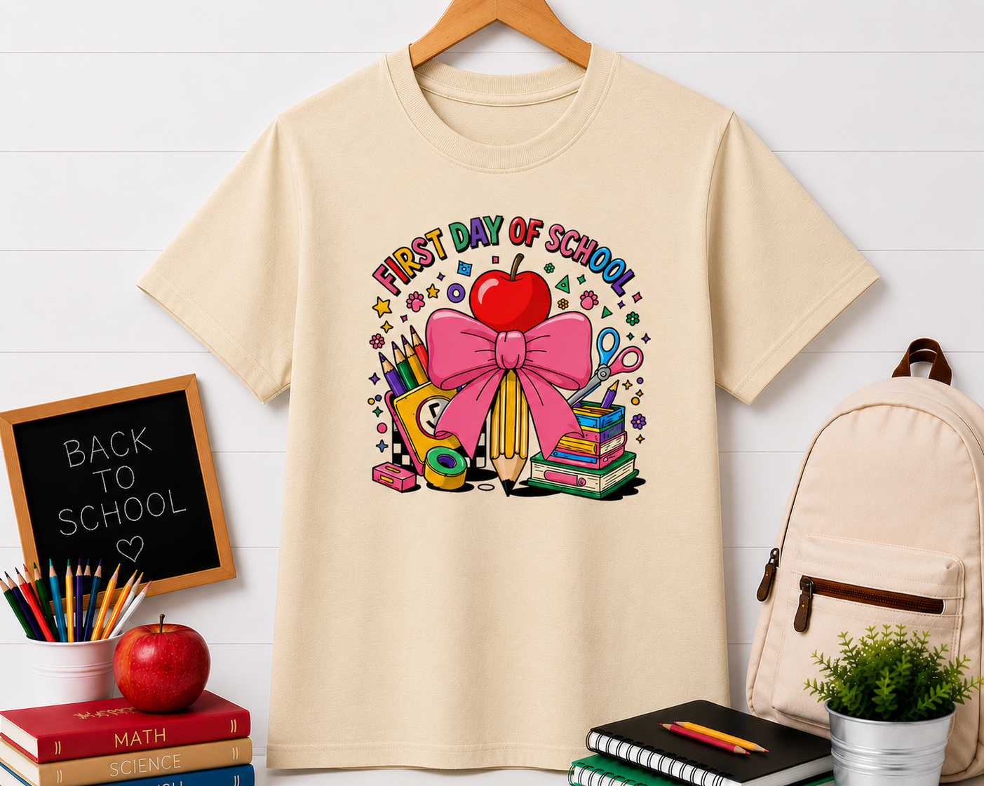First Day of School T-Shirt — Cute Back-to-School Apple, Books & Pencil Design
