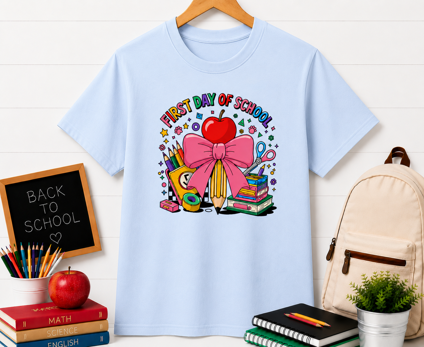 First Day of School T-Shirt — Cute Back-to-School Apple, Books & Pencil Design