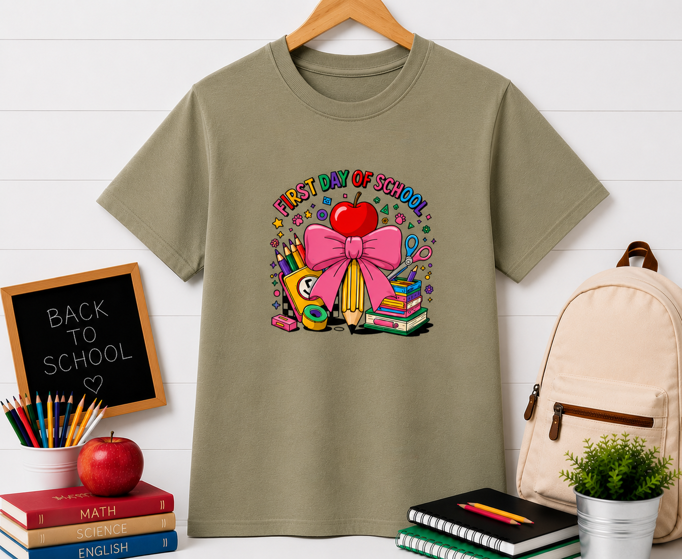 First Day of School T-Shirt — Cute Back-to-School Apple, Books & Pencil Design
