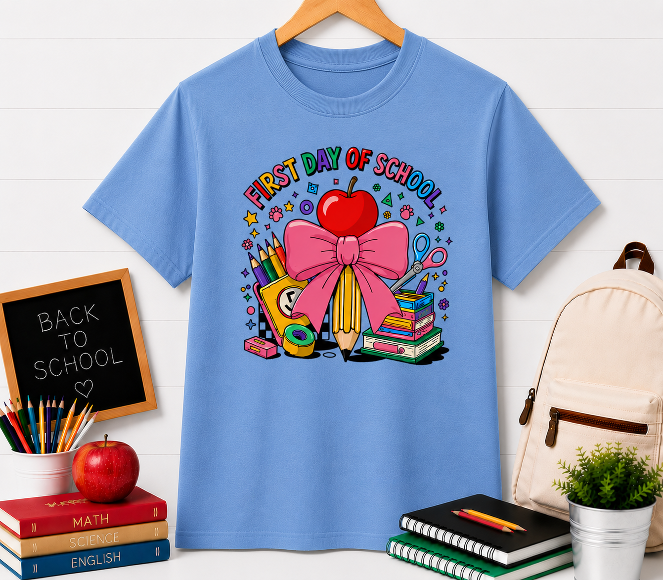 First Day of School T-Shirt — Cute Back-to-School Apple, Books & Pencil Design