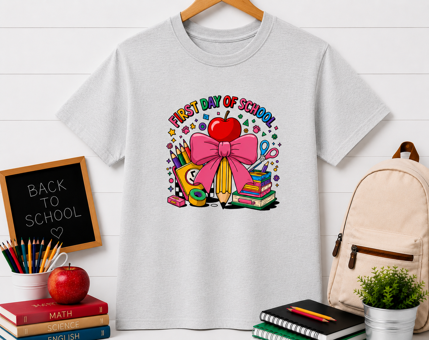 First Day of School T-Shirt — Cute Back-to-School Apple, Books & Pencil Design