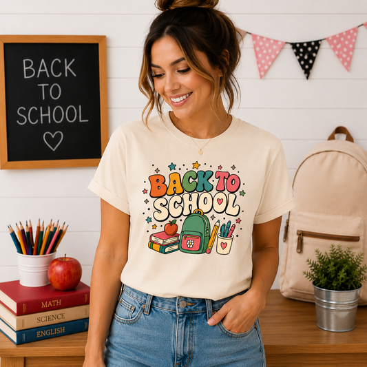 Back to School Kids T‑Shirt — Cute Backpack & Supplies Graphic Tee