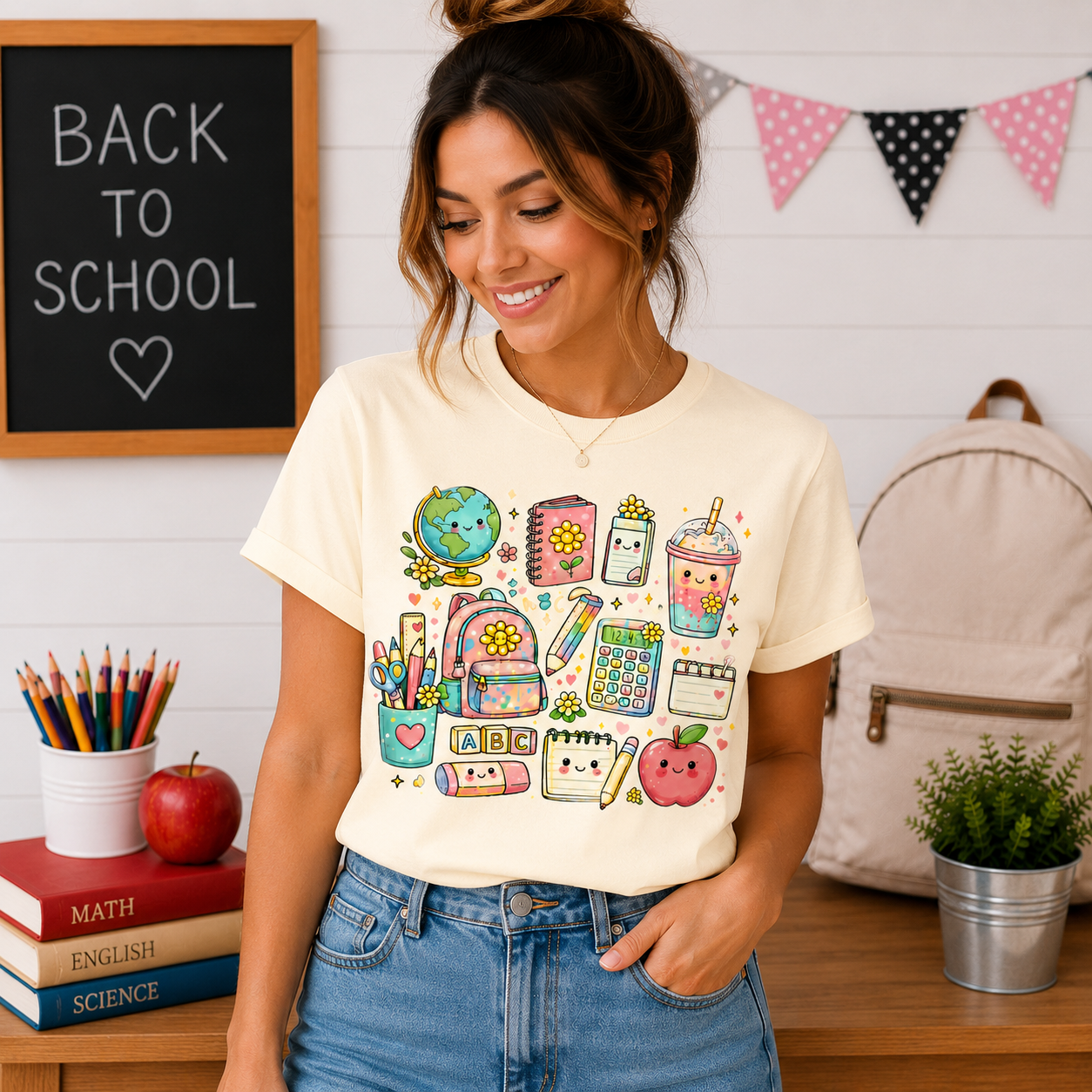 Cute Kawaii School Supplies T-Shirt — Pastel Planner, Pencil, Apple & Study Icons Tee