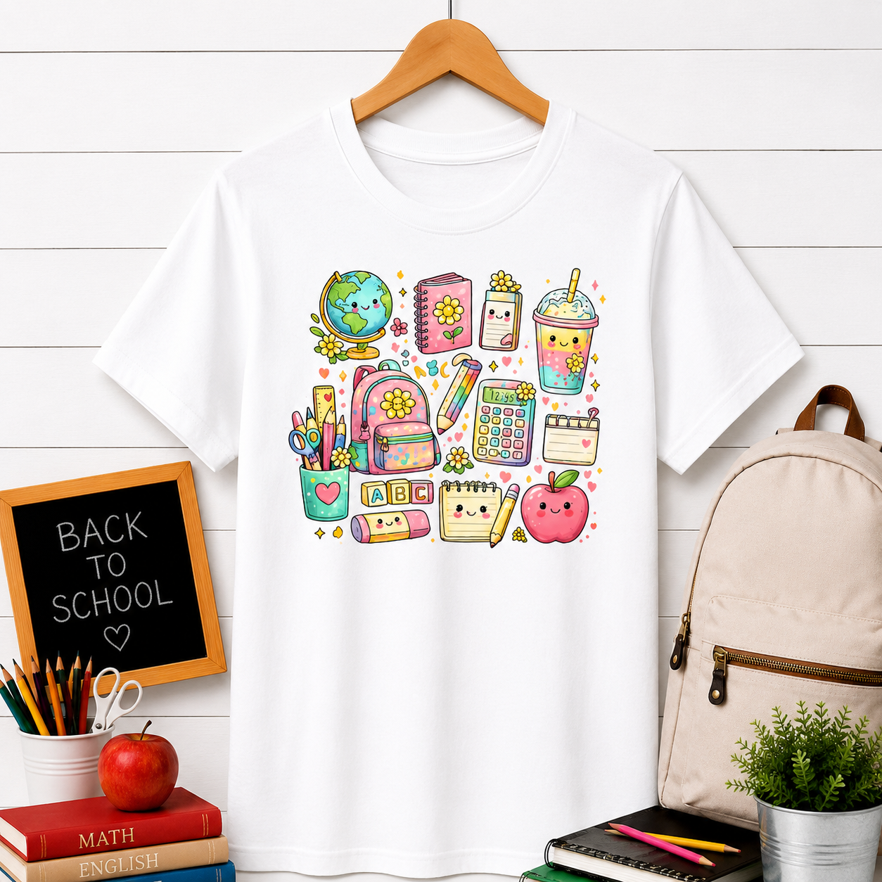 Cute Kawaii School Supplies T-Shirt — Pastel Planner, Pencil, Apple & Study Icons Tee