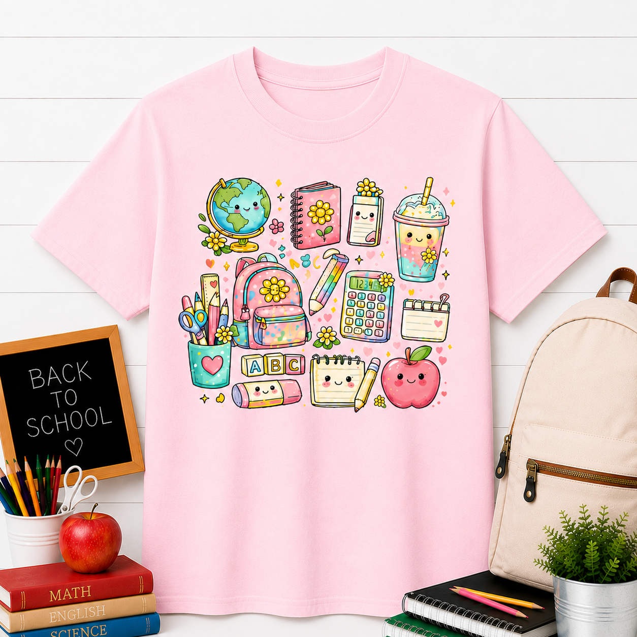 Cute Kawaii School Supplies T-Shirt — Pastel Planner, Pencil, Apple & Study Icons Tee