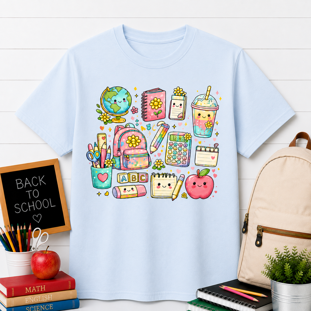 Cute Kawaii School Supplies T-Shirt — Pastel Planner, Pencil, Apple & Study Icons Tee