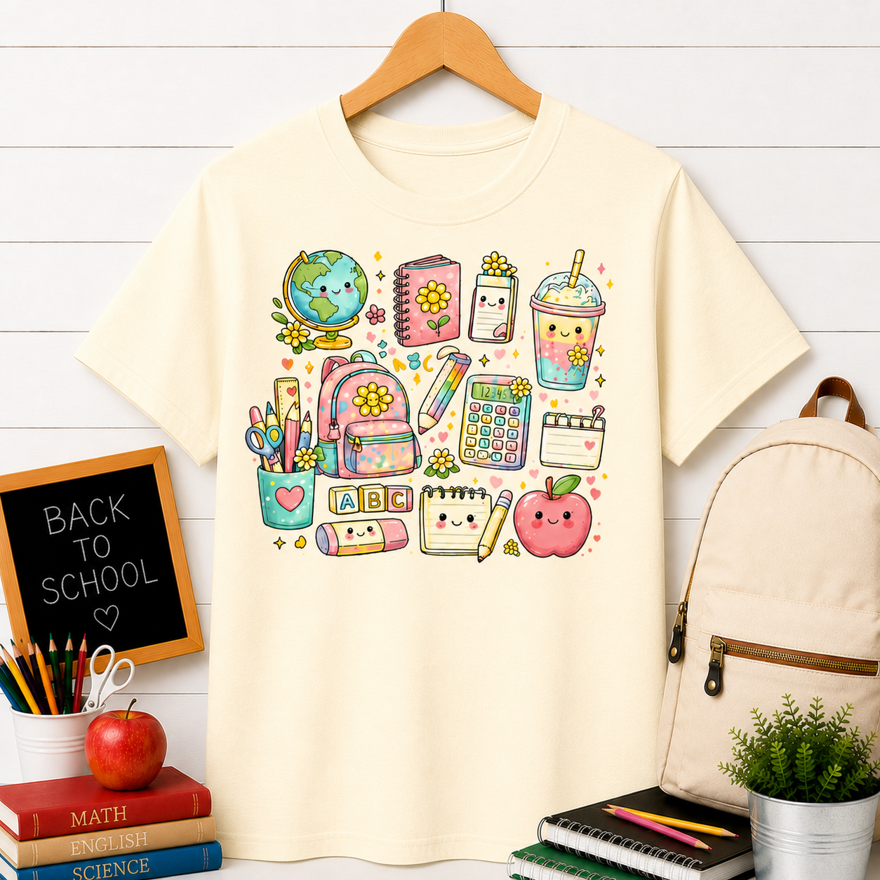 Cute Kawaii School Supplies T-Shirt — Pastel Planner, Pencil, Apple & Study Icons Tee