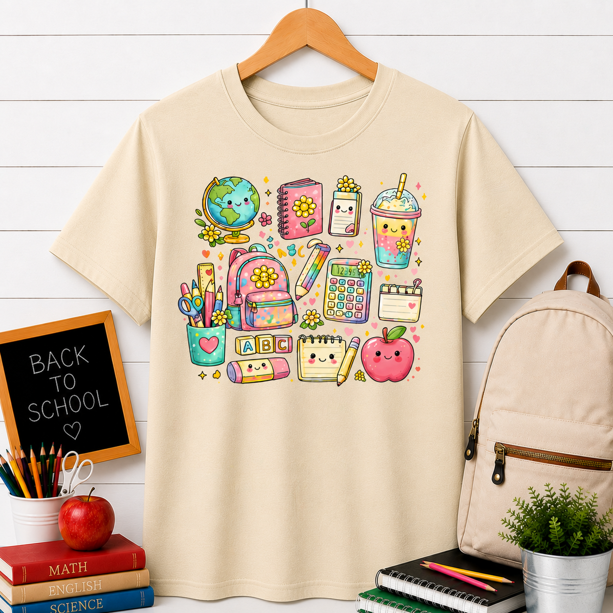 Cute Kawaii School Supplies T-Shirt — Pastel Planner, Pencil, Apple & Study Icons Tee