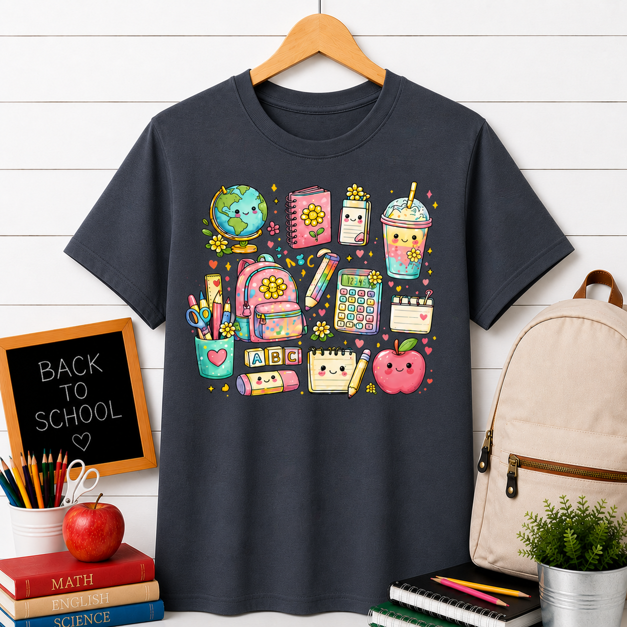 Cute Kawaii School Supplies T-Shirt — Pastel Planner, Pencil, Apple & Study Icons Tee