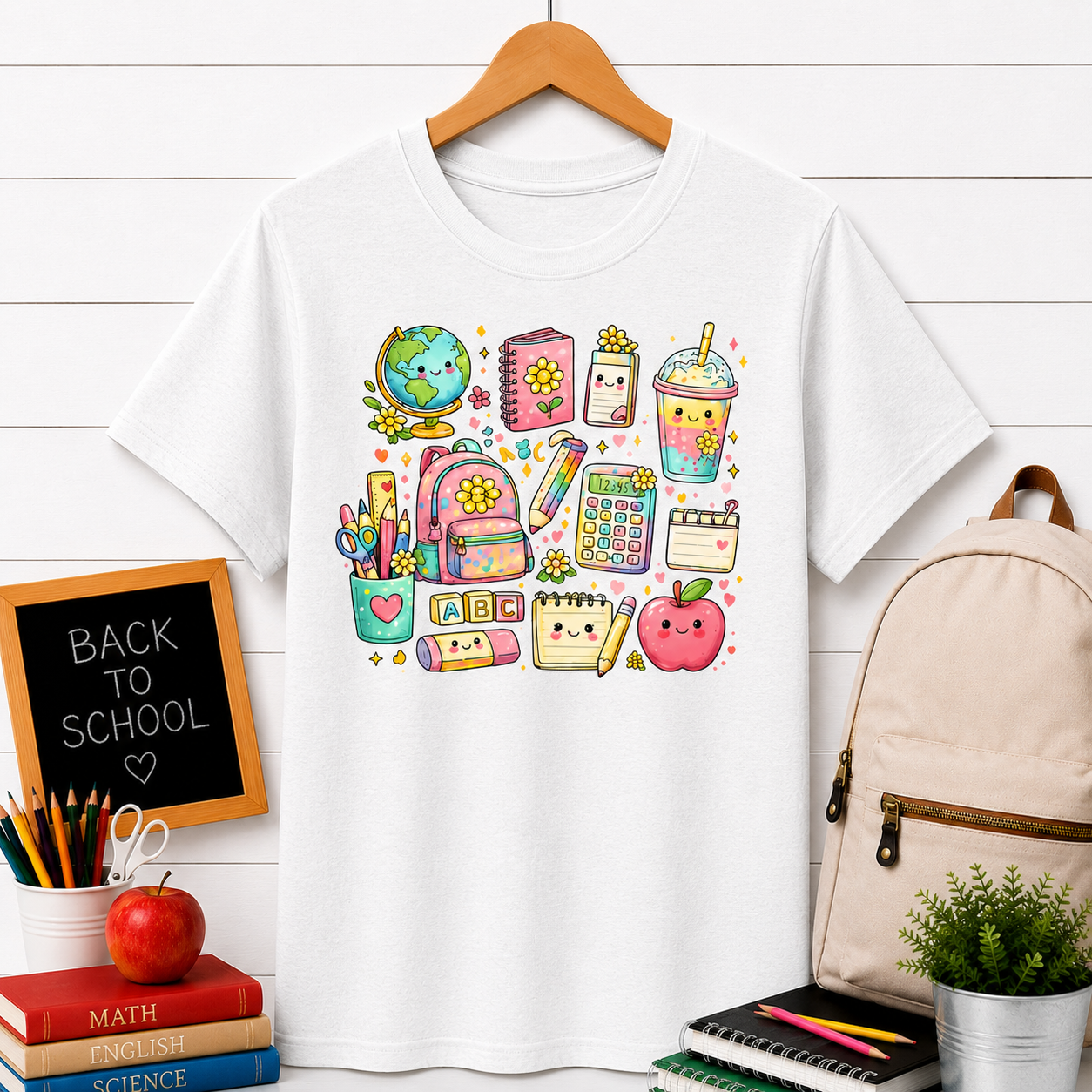 Cute Kawaii School Supplies T-Shirt — Pastel Planner, Pencil, Apple & Study Icons Tee