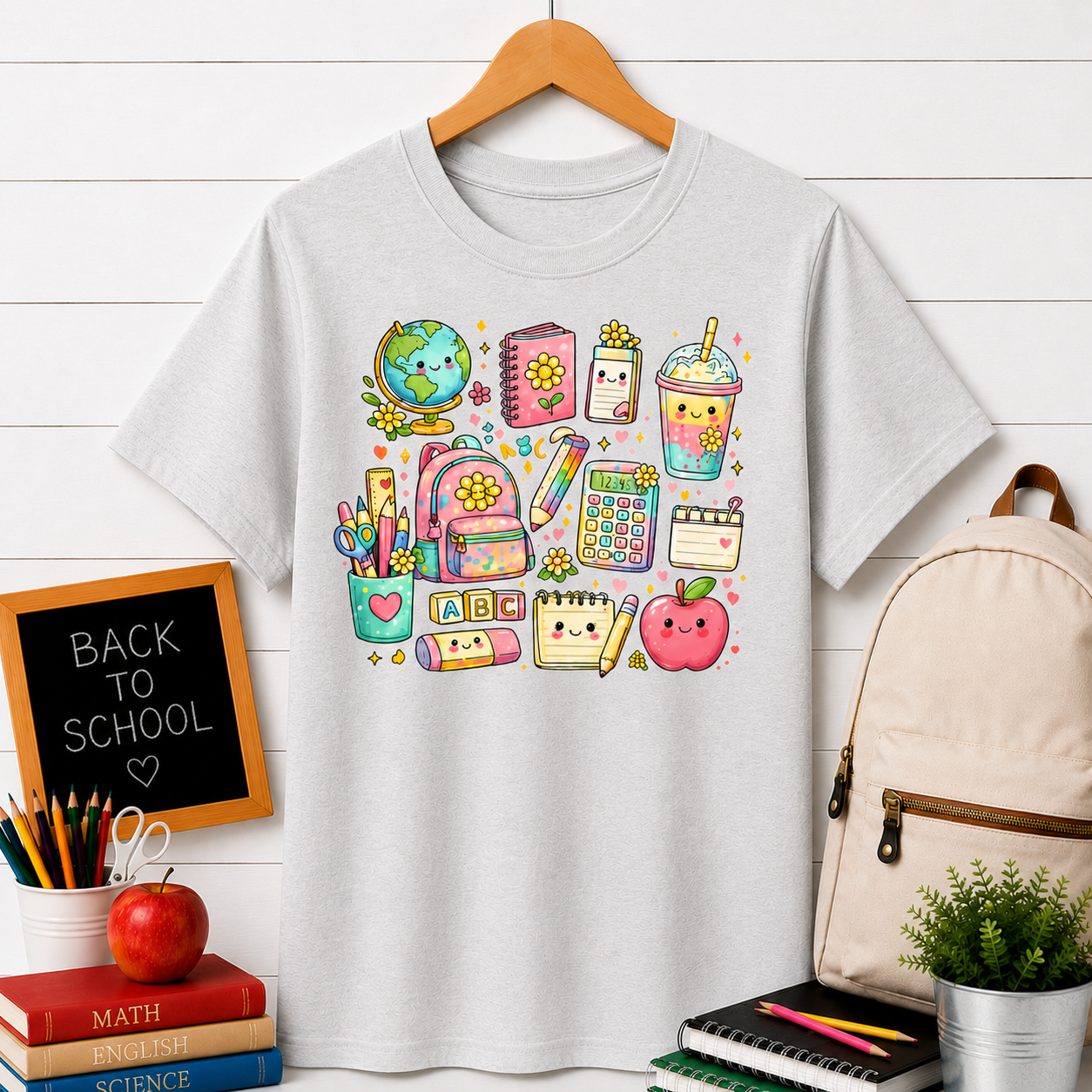 Cute Kawaii School Supplies T-Shirt — Pastel Planner, Pencil, Apple & Study Icons Tee