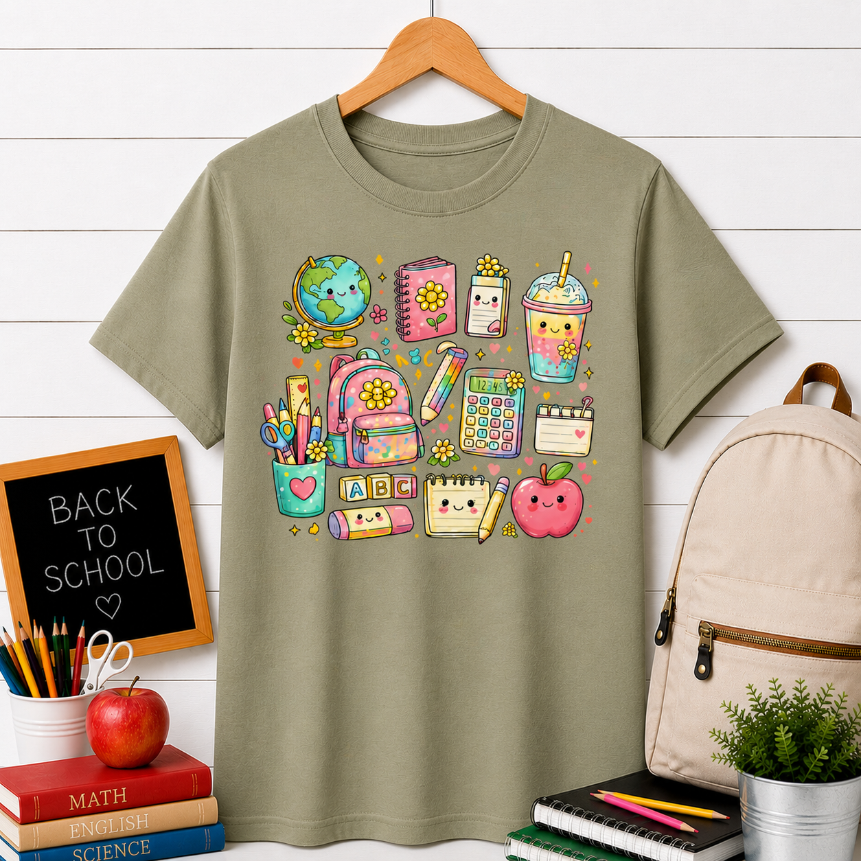 Cute Kawaii School Supplies T-Shirt — Pastel Planner, Pencil, Apple & Study Icons Tee