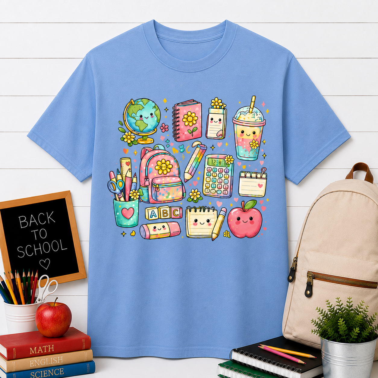 Cute Kawaii School Supplies T-Shirt — Pastel Planner, Pencil, Apple & Study Icons Tee