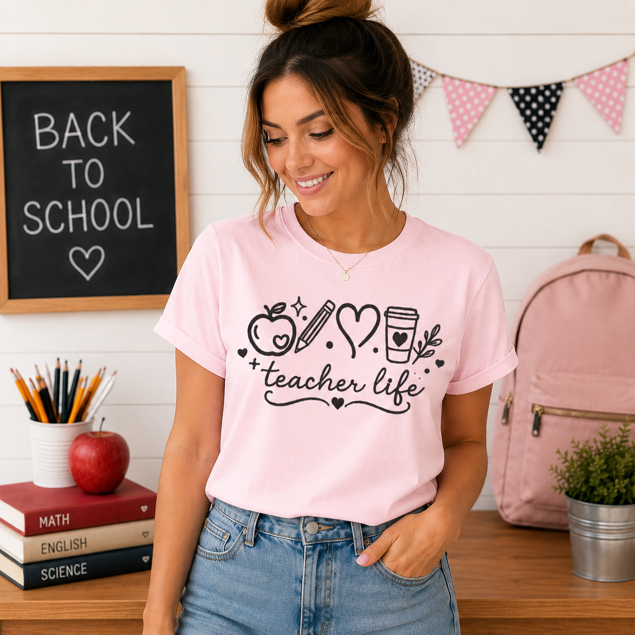 Teacher Life T‑Shirt — Cute Apple, Pencil & Coffee Design for Educators