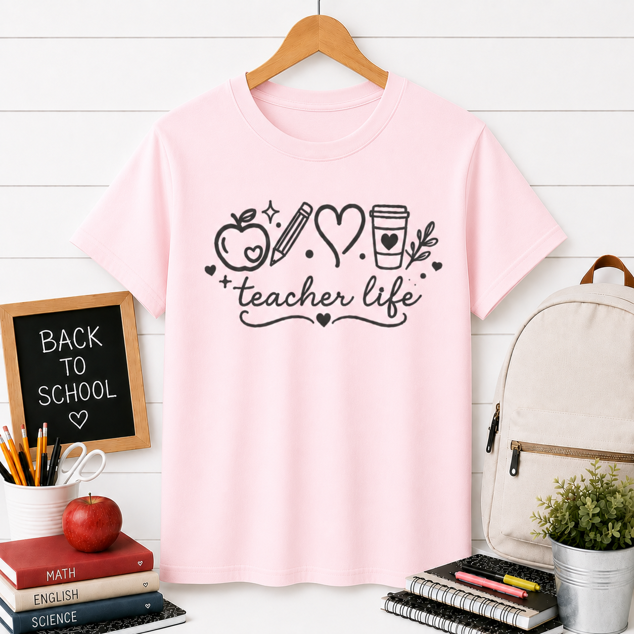 Teacher Life T‑Shirt — Cute Apple, Pencil & Coffee Design for Educators