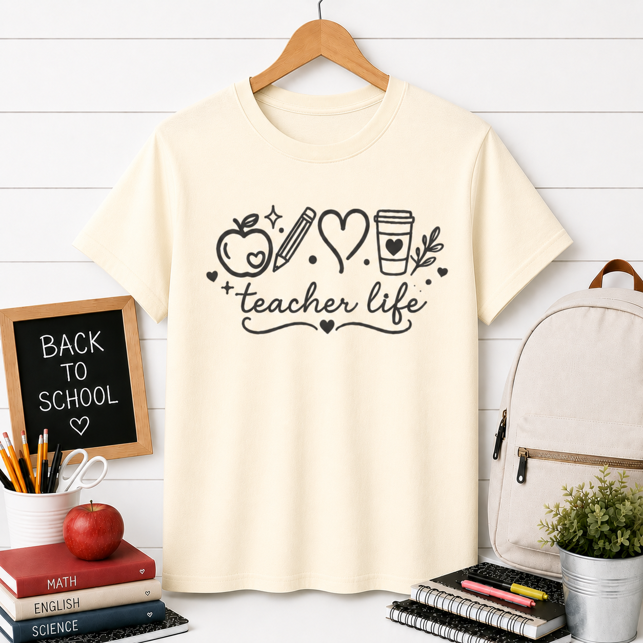 Teacher Life T‑Shirt — Cute Apple, Pencil & Coffee Design for Educators