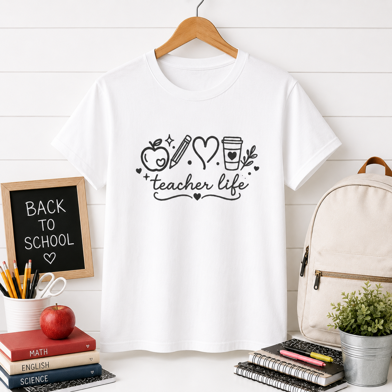 Teacher Life T‑Shirt — Cute Apple, Pencil & Coffee Design for Educators