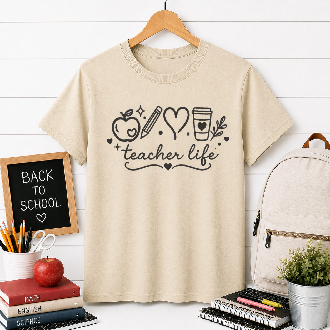 Teacher Life T‑Shirt — Cute Apple, Pencil & Coffee Design for Educators