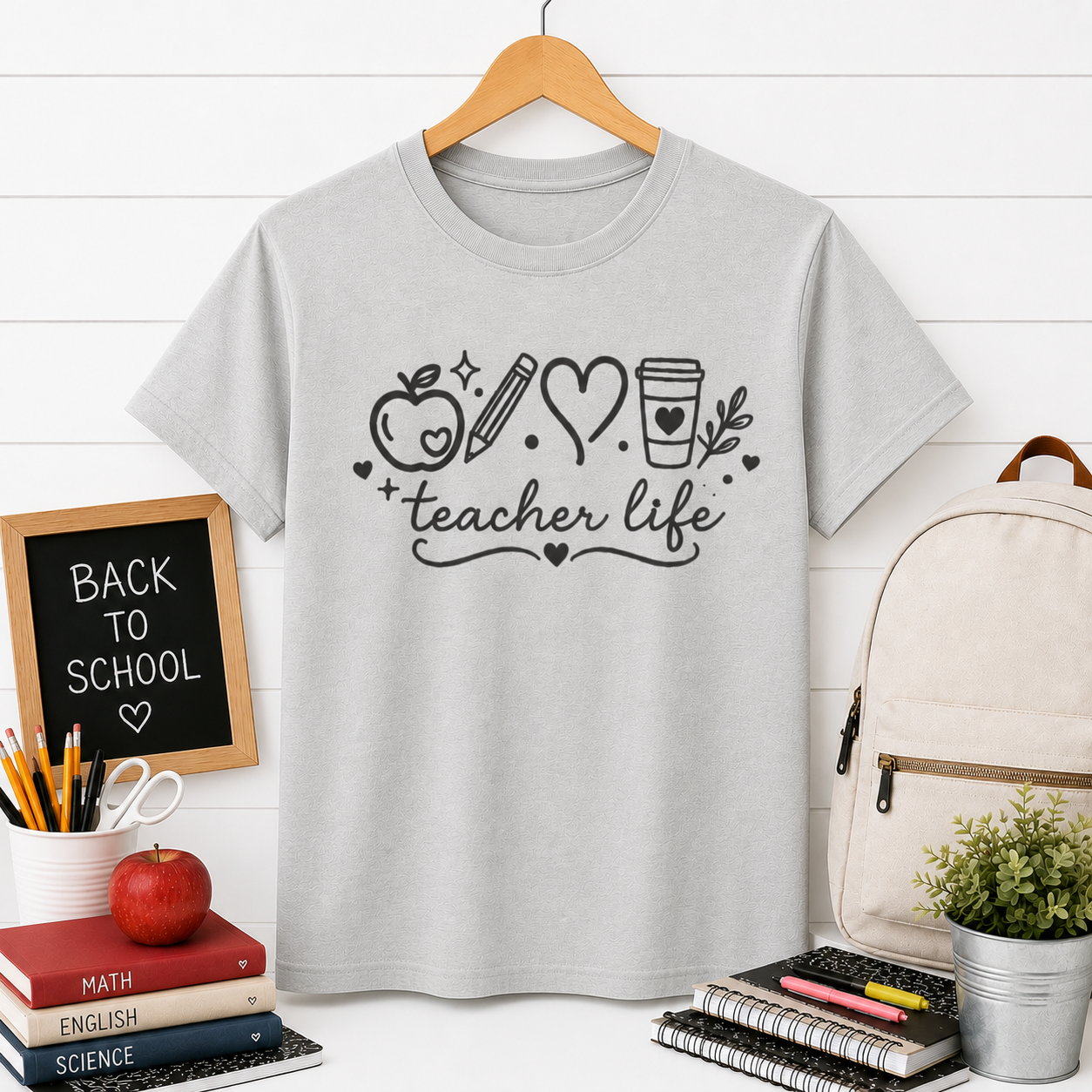 Teacher Life T‑Shirt — Cute Apple, Pencil & Coffee Design for Educators