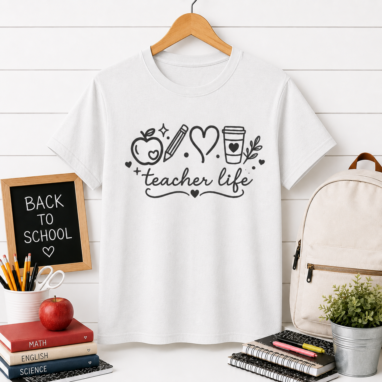 Teacher Life T‑Shirt — Cute Apple, Pencil & Coffee Design for Educators