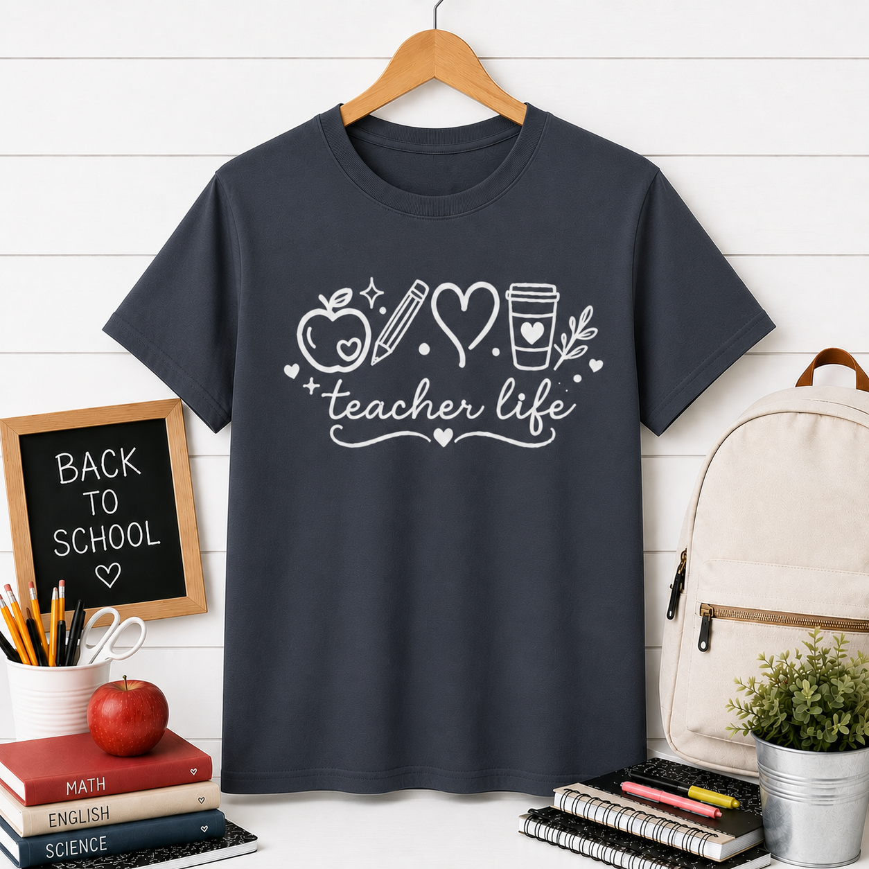 Teacher Life T‑Shirt — Cute Apple, Pencil & Coffee Design for Educators