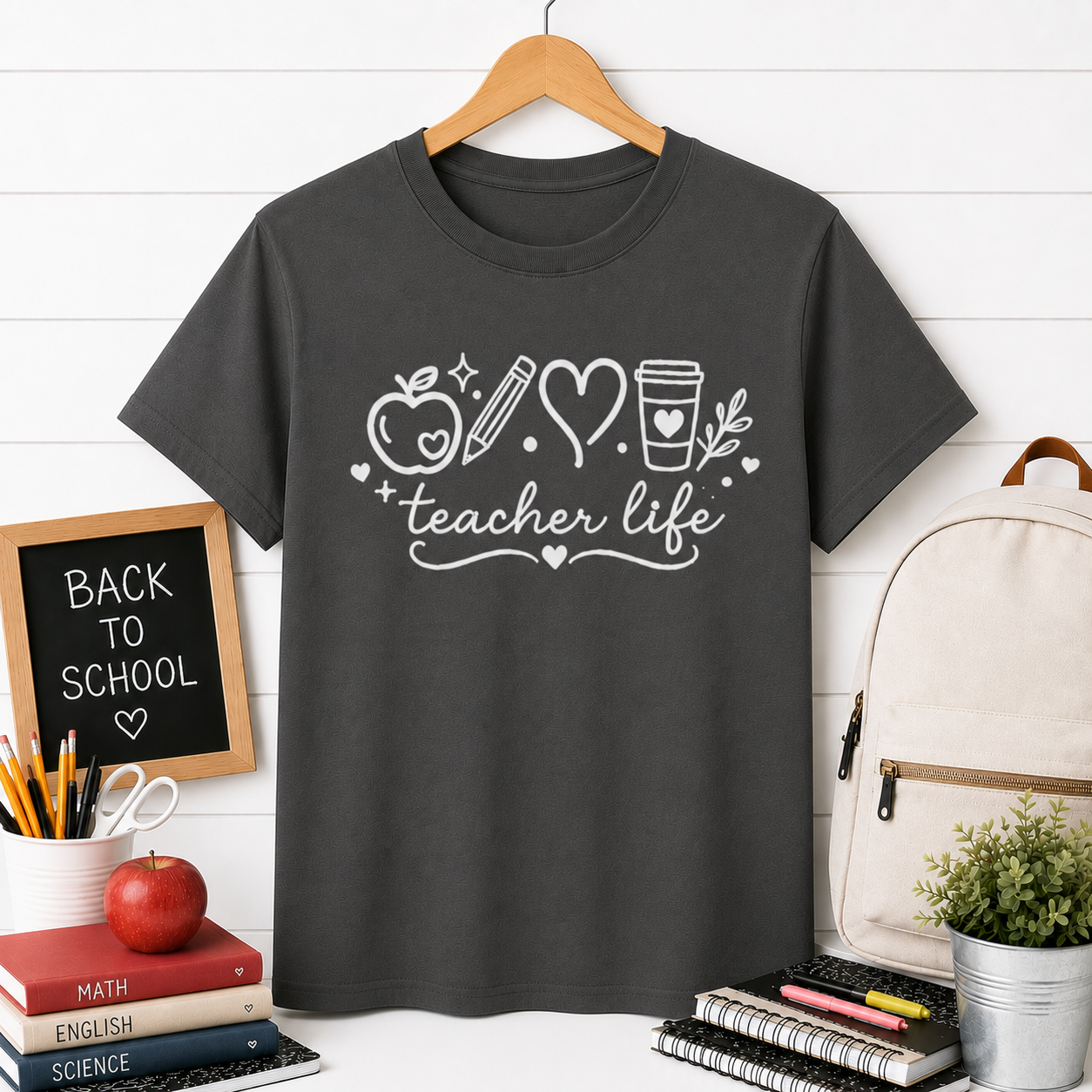 Teacher Life T‑Shirt — Cute Apple, Pencil & Coffee Design for Educators