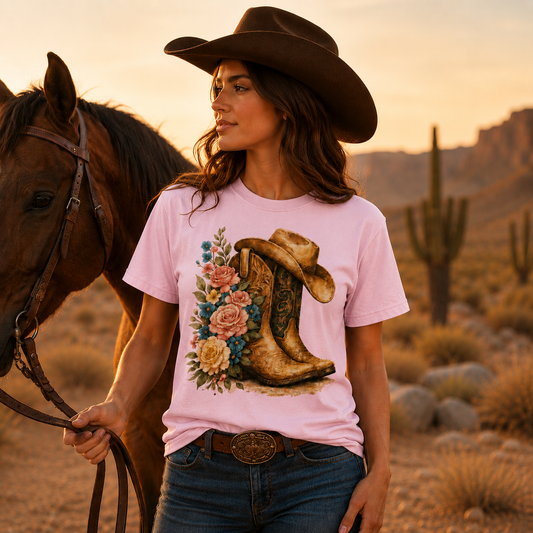 Cowboy Boots & Roses T-Shirt — Western Floral Graphic Tee