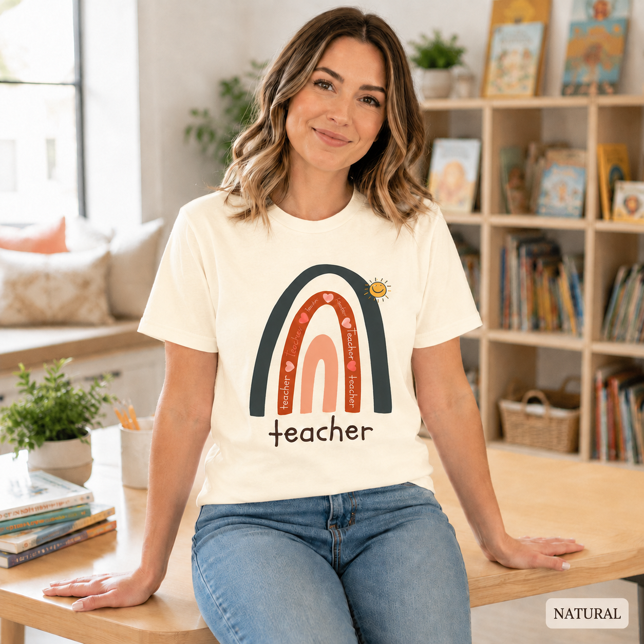 Teacher Rainbow T-Shirt — Cute Sun & Heart Graphic Tee for Educators
