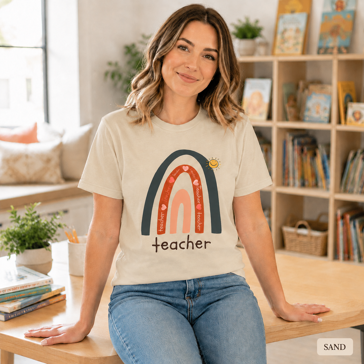Teacher Rainbow T-Shirt — Cute Sun & Heart Graphic Tee for Educators