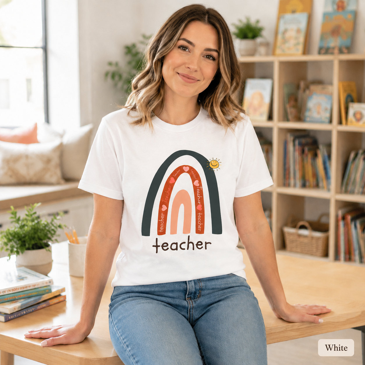 Teacher Rainbow T-Shirt — Cute Sun & Heart Graphic Tee for Educators