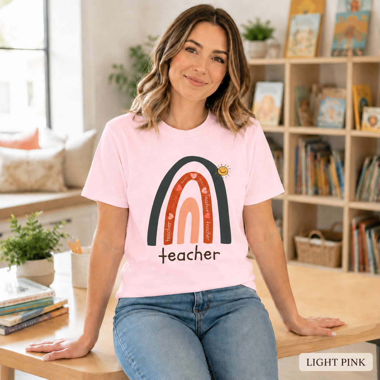 Teacher Rainbow T-Shirt — Cute Sun & Heart Graphic Tee for Educators