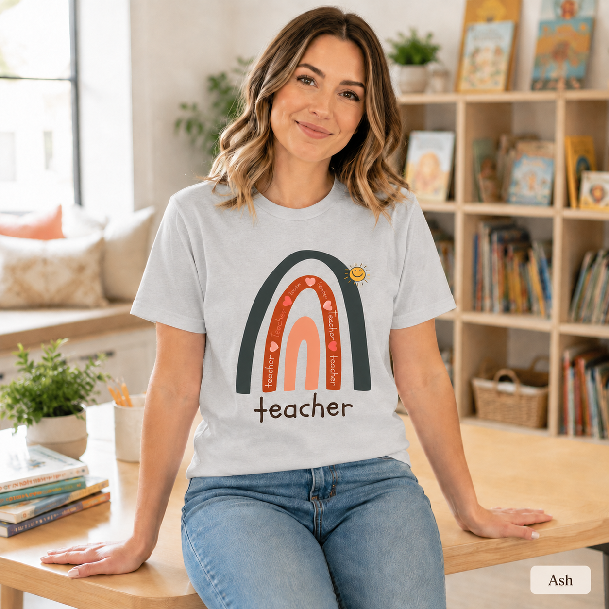 Teacher Rainbow T-Shirt — Cute Sun & Heart Graphic Tee for Educators