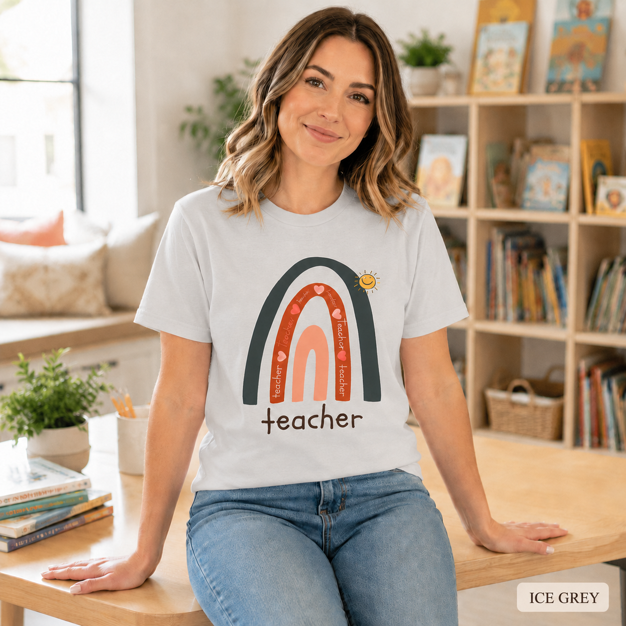 Teacher Rainbow T-Shirt — Cute Sun & Heart Graphic Tee for Educators