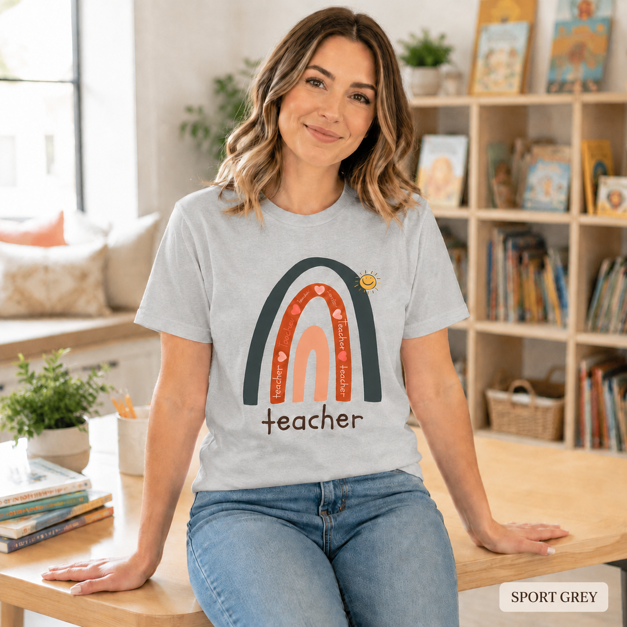 Teacher Rainbow T-Shirt — Cute Sun & Heart Graphic Tee for Educators